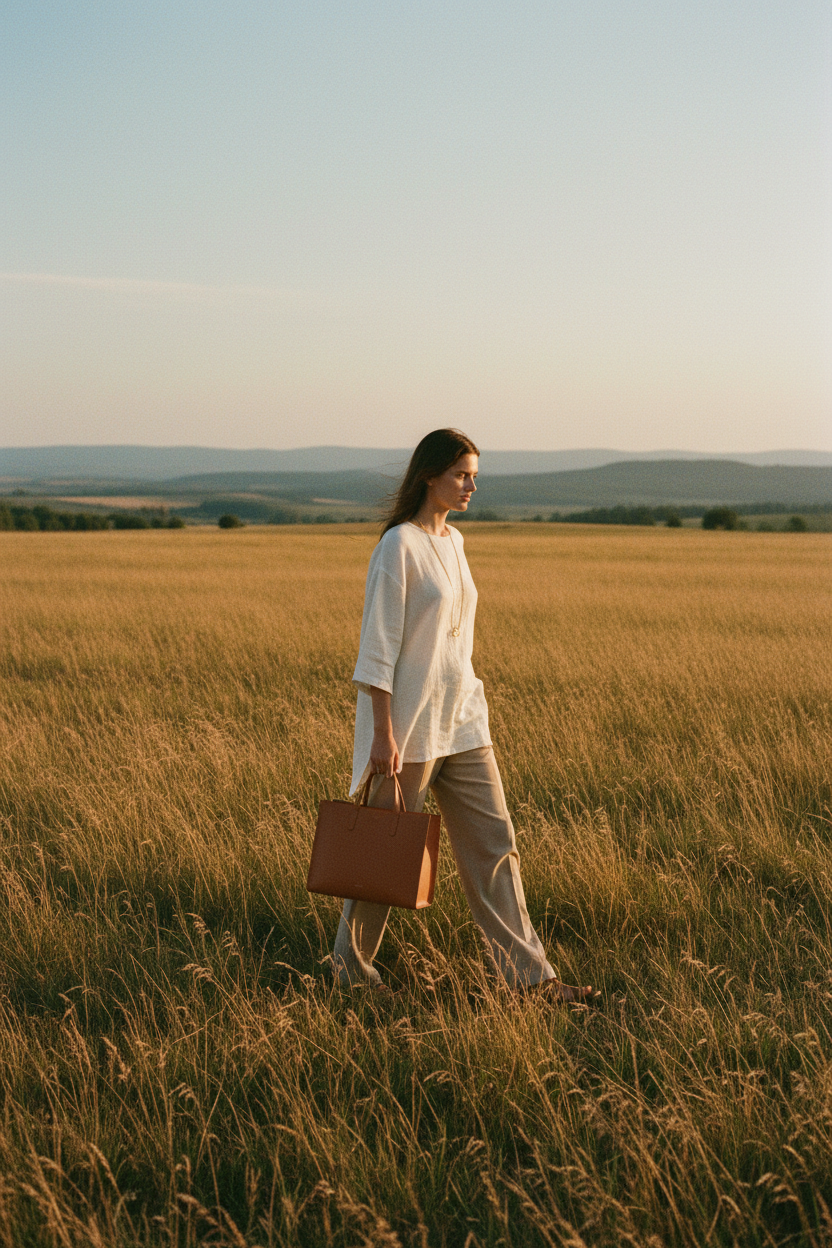 Outdoor model with bag in field